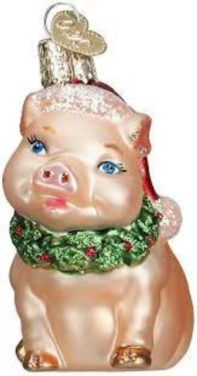 Holly Pig Hand Painted Blown Glass Piglet Tree Ornament by Old World Christmas