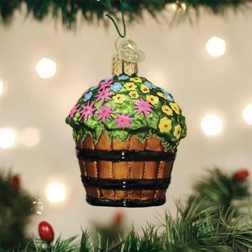 Whiskey Barrel with Flowers - Blown Glass Tree Ornament by Old World Christmas - RETIRED