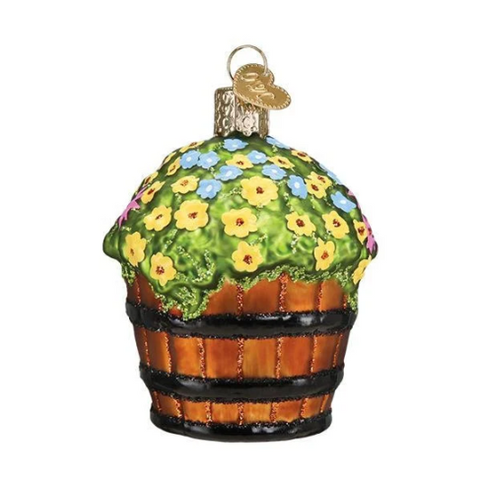 Whiskey Barrel with Flowers - Blown Glass Tree Ornament by Old World Christmas - RETIRED