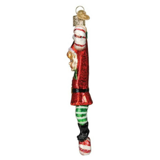 Playful Elf with Candy Cane Blown Glass Tree Ornament by Old World Christmas