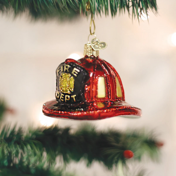 Fire Dept Fireman's Helmet Red Safety Hat Blown Glass Tree Ornament by Old World Christmas
