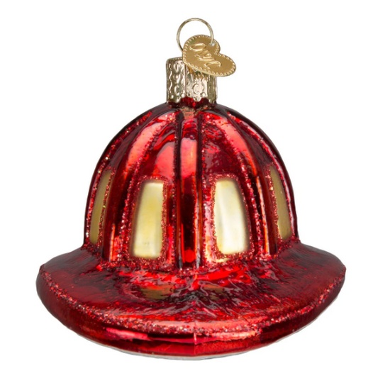 Fire Dept Fireman's Helmet Red Safety Hat Blown Glass Tree Ornament by Old World Christmas