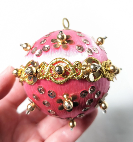 Vintage Pink Beaded Pushpin Christmas Ornament