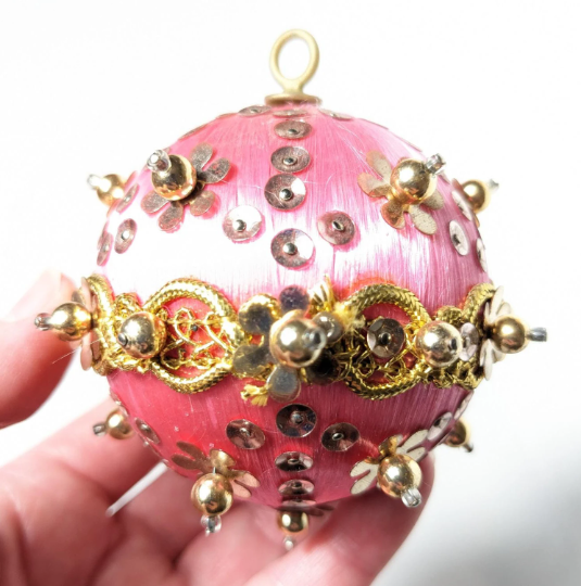 Vintage Pink Beaded Pushpin Christmas Ornament