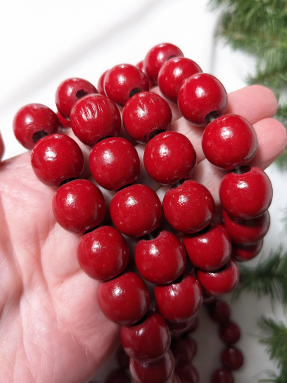 Bright Red Wooden Bead Christmas Garland