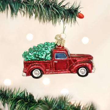 Old Red Truck with Tree Blown Glass Tree Ornament by Old World Christmas