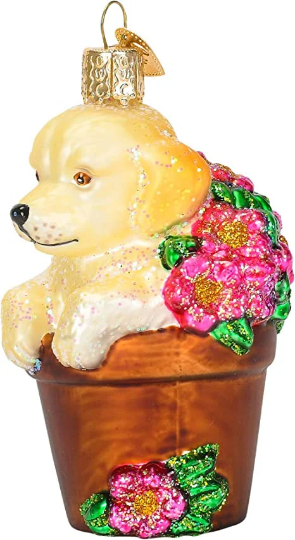 Puppy In Flower Pot Old World Christmas Ornament