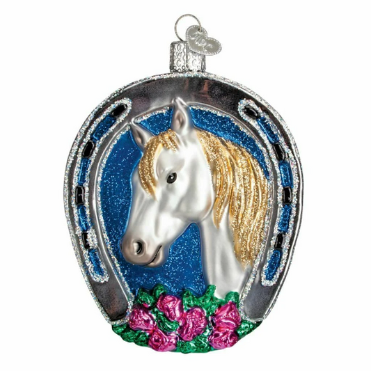 White Horse In Horseshoe Old World Christmas Glass Ornament