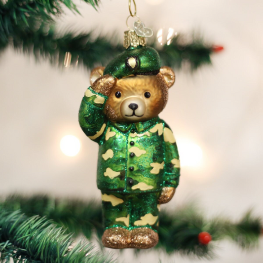 Army Bear Glass Ornament