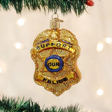 Police Badge ~ God Bless America - Blown Glass Tree Ornament by Old World Christmas