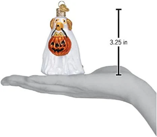 Trick-Or -Treat Pooch Halloween-Themed Dog Ghost Costume Blown Glass Ornament by Old World Christmas