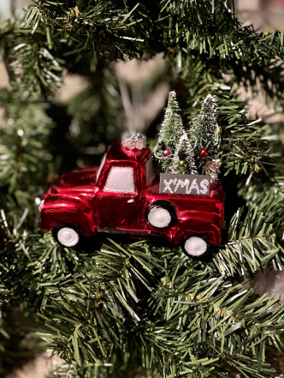 Red Truck with Christmas Trees Glass Ornament