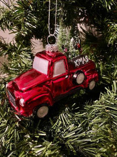 Red Truck with Christmas Trees Glass Ornament