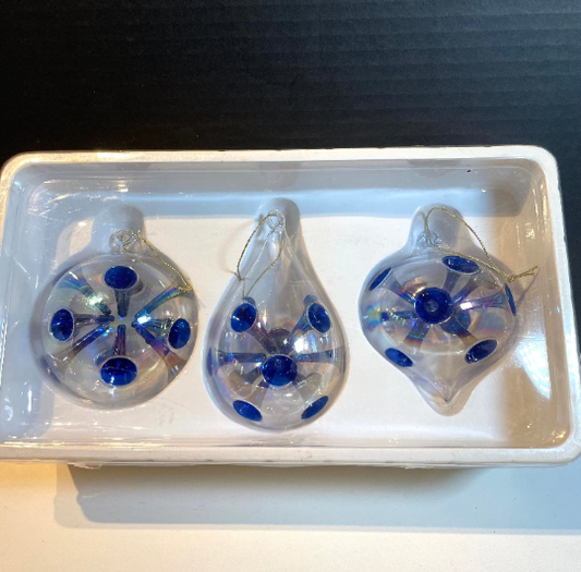 Vintage Hand Blown Clear and Blue Unique Christmas Ornaments