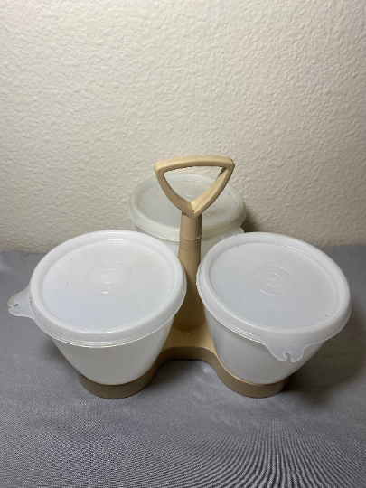 Vintage Tupperware Condiment Set Sheer Cups and Lids with Almond Base