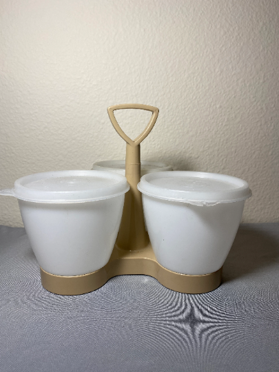 Vintage Tupperware Condiment Set Sheer Cups and Lids with Almond Base