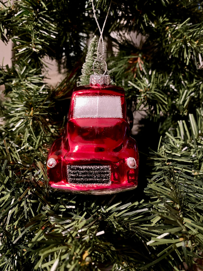 Red Truck with Christmas Trees Glass Ornament