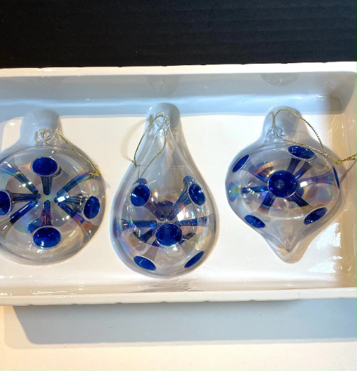 Vintage Hand Blown Clear and Blue Unique Christmas Ornaments