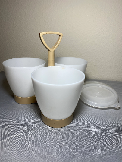 Vintage Tupperware Condiment Set Sheer Cups and Lids with Almond Base