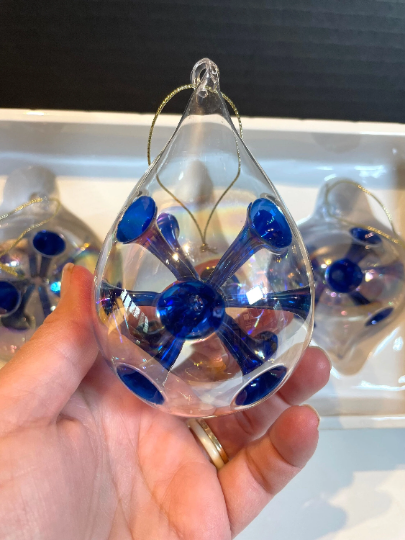 Vintage Hand Blown Clear and Blue Unique Christmas Ornaments