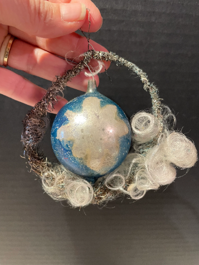 Vintage Hand-Blown Glass Wire Wrapped Christmas Ornament with Angel Hair