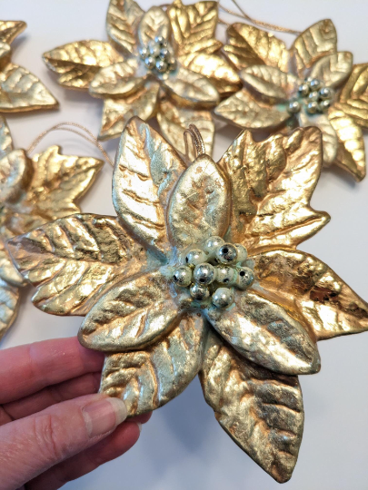 Vintage Large Gold Poinsettia Christmas Ornaments
