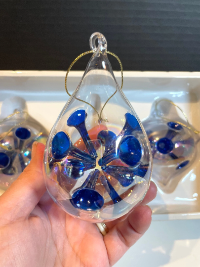 Vintage Hand Blown Clear and Blue Unique Christmas Ornaments