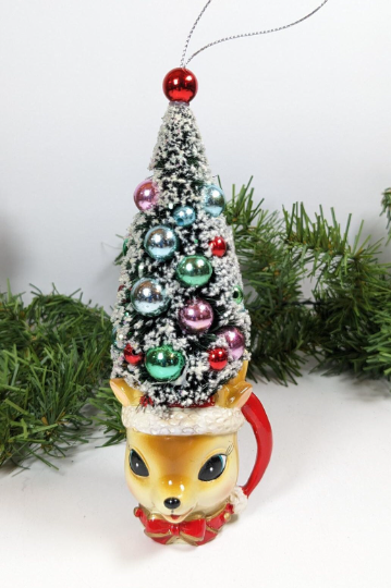 Reindeer Mug Bottle Brush Tree Christmas Ornament
