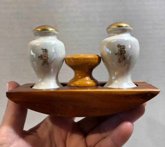 Vintage Iridescent Salt and Pepper Shaker Set with Wood Base