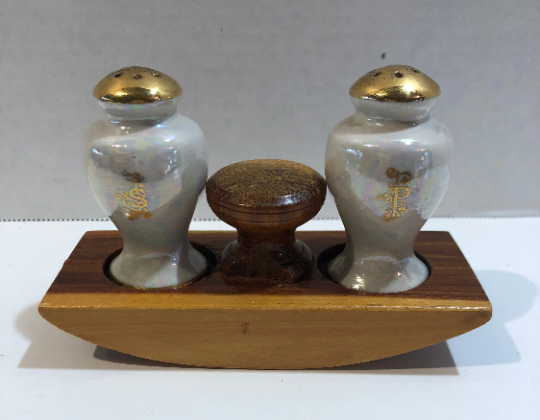 Vintage Iridescent Salt and Pepper Shaker Set with Wood Base