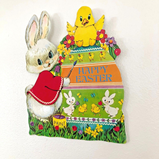 Vintage 1960s Wooden Die Cut Easter Wall Hanging for Child Friendly Easter Decoration