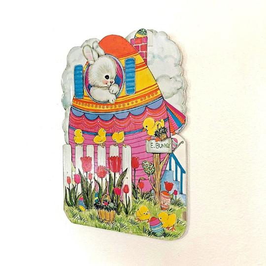 Vintage 1970s Wooden Die Cut Easter Wall Hanging Cute Rabbit in Colorful Egg Shaped House