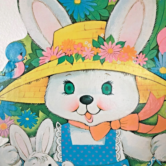 Vintage 1970s Wooden Die Cut Easter Bunnies Wall Hanging