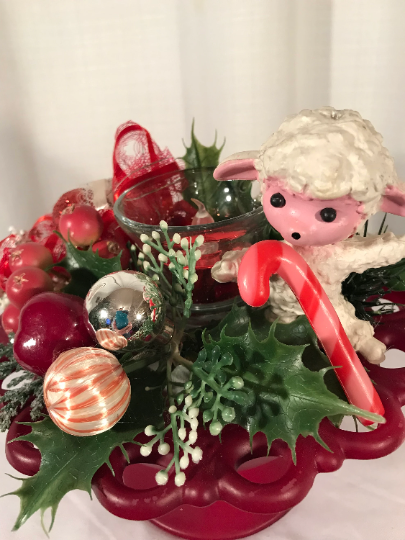 Vintage Lamb Christmas Centerpiece with Candle