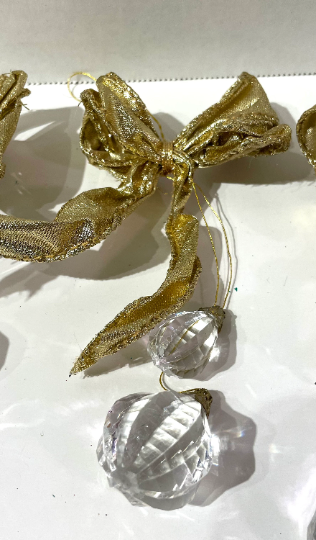 Set of 3 Gold Wired Ribbon and Faux Crystal Christmas Ornaments