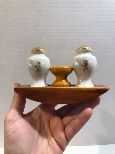 Vintage Iridescent Salt and Pepper Shaker Set with Wood Base