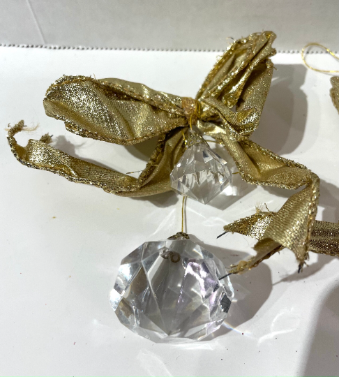 Set of 3 Gold Wired Ribbon and Faux Crystal Christmas Ornaments