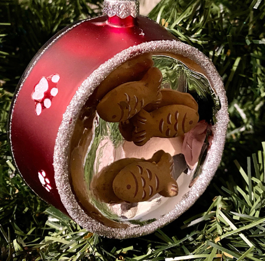 Cat Bowl with Fish Glass Christmas Ornament