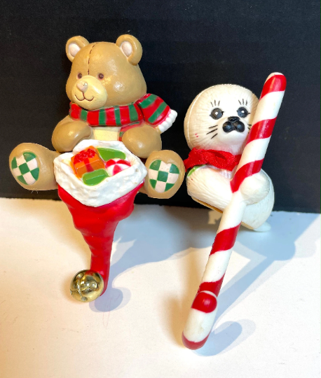 Vintage Teddy Bear and Baby Seal Hard Plastic Stocking Holders