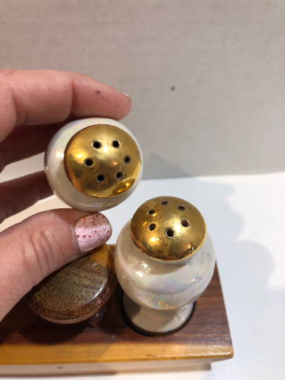 Vintage Iridescent Salt and Pepper Shaker Set with Wood Base