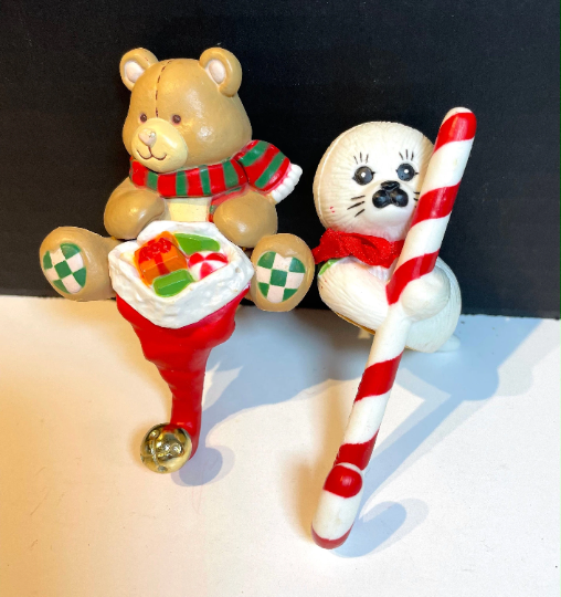 Vintage Teddy Bear and Baby Seal Hard Plastic Stocking Holders