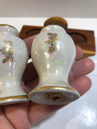 Vintage Iridescent Salt and Pepper Shaker Set with Wood Base