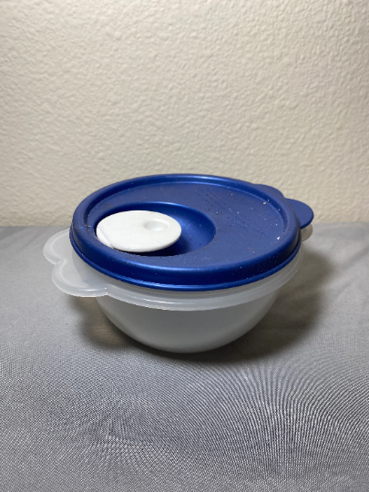 Vintage Crystal Wave Microwave Safe Bowl with Butterfly Handles and Blue Lid