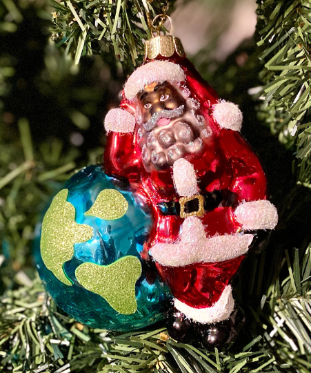 African American Santa and Earth Glass Christmas Ornament