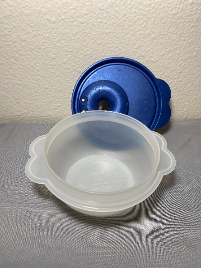 Vintage Crystal Wave Microwave Safe Bowl with Butterfly Handles and Blue Lid