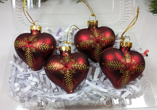 Vintage Red Heart Glass Christmas Ornaments