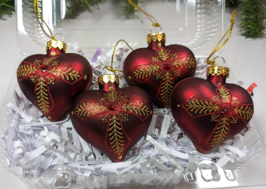 Vintage Red Heart Glass Christmas Ornaments