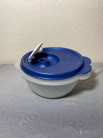 Vintage Crystal Wave Microwave Safe Bowl with Butterfly Handles and Blue Lid