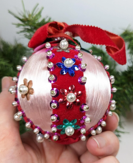 Vintage Pink Beaded Pushpin Christmas Ornament