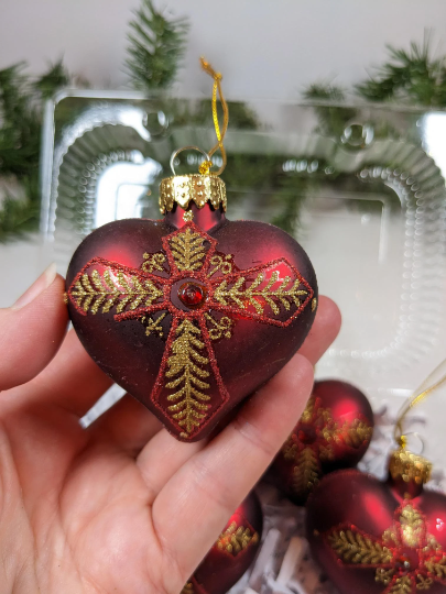 Vintage Red Heart Glass Christmas Ornaments